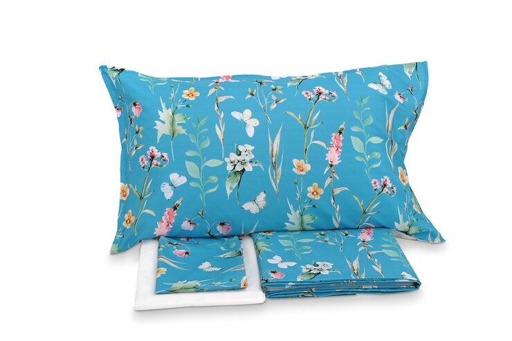 A blue floral pillow